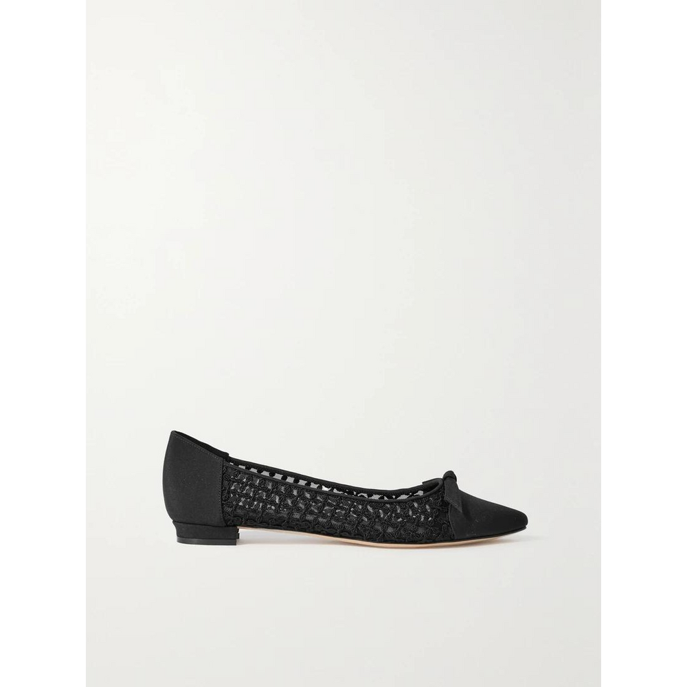 MANOLO BLAHNIK Tiakala lace-trimmed mesh and crepe de chine ballet flats in Blac